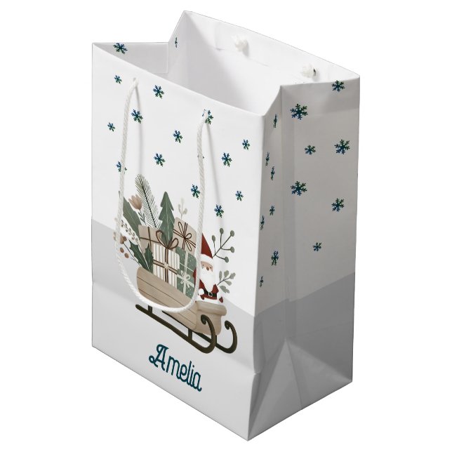 Boho Santa on Sleigh With Gifts Snowflakes Name  Medium Gift Bag (Front Angled)