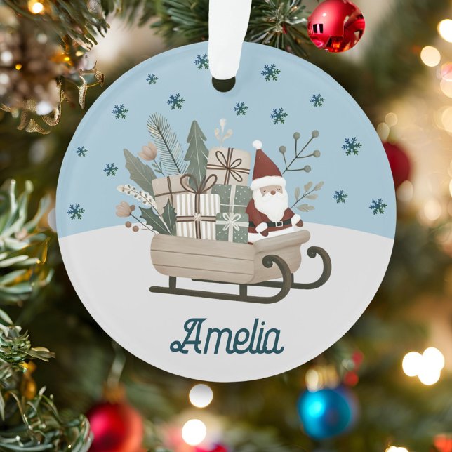 Boho Santa on Sleigh With Gifts Snowflakes Name Ornament (Creator Uploaded)