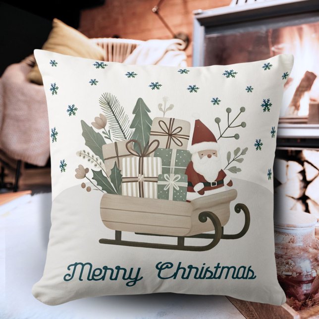 Boho Santa on Sleigh With Gifts Snowflakes Name  Throw Pillow (Creator Uploaded)