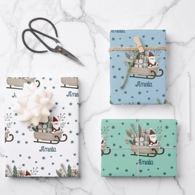 Boho Santa on Sleigh With Gifts Snowflakes Name Wrapping Paper Sheets (Front)