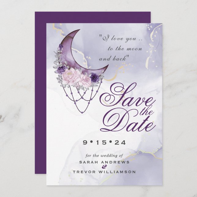 Boho Save the Date Dusty Purple Crescent Moon Invitation (Front/Back)
