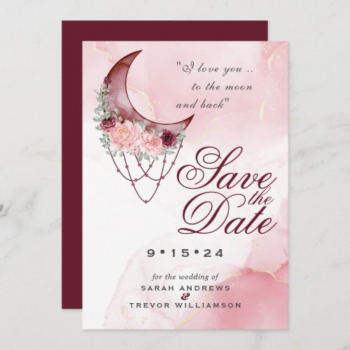 Boho Save the Date  Pink Maroon Crescent Moon Invitation