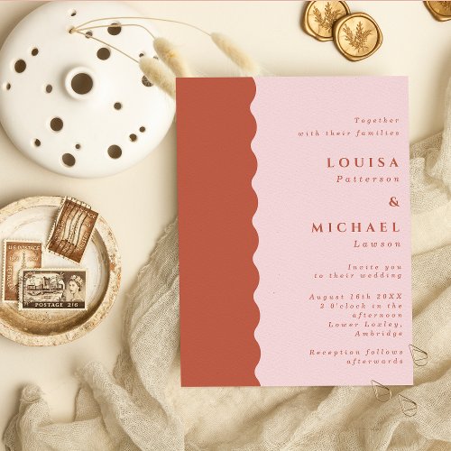 Boho Scalloped Edge Terracotta  Blush Wedding Invitation