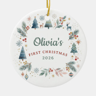 Boho Scandi Woodland Baby 1st Christmas Ceramic Ornament