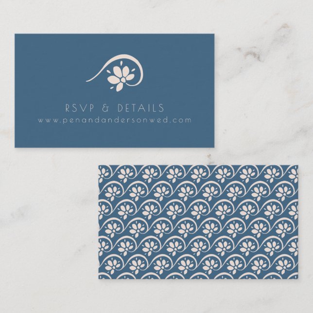 Boho Scandinavian Blue Floral Wedding Website Enclosure Card (Front/Back)