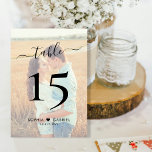 Boho Script Heart Photo Wedding Double Sided Table Number<br><div class="desc">Elegant Calligraphy Script Photo Overlay Wedding Table Numbers, Double Sided. Help your guests easily find their way with these simple elegant double sided table number cards. Featuring a pretty text "table" hand lettering calligraphy script, your favorite photo, numbers, between the names a little heart motif and date! Ideal for minimalist...</div>