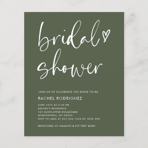 Boho Script Olive Green Bridal Shower Invites