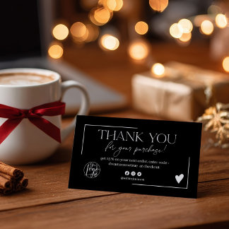 Boho script order black white thank you business card