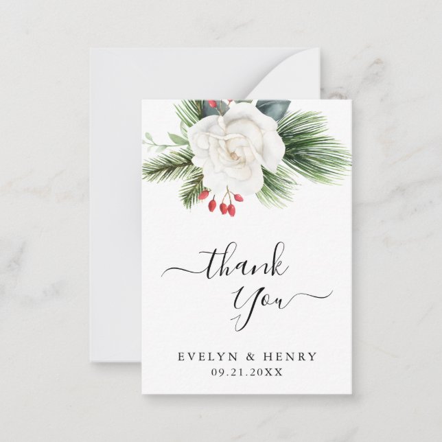 Boho Script Pine Greenery Wedding Budget Thank You Note Card (Front)