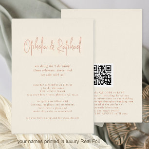 Boho Script QR Code Cream Wedding Luxury Real Foil Invitation