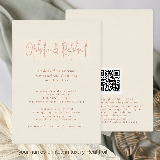 Boho Script QR Code Cream Wedding Luxury Real Foil Invitation (Front and Back View. Luxury real foil for names in rose gold, gold or silver)