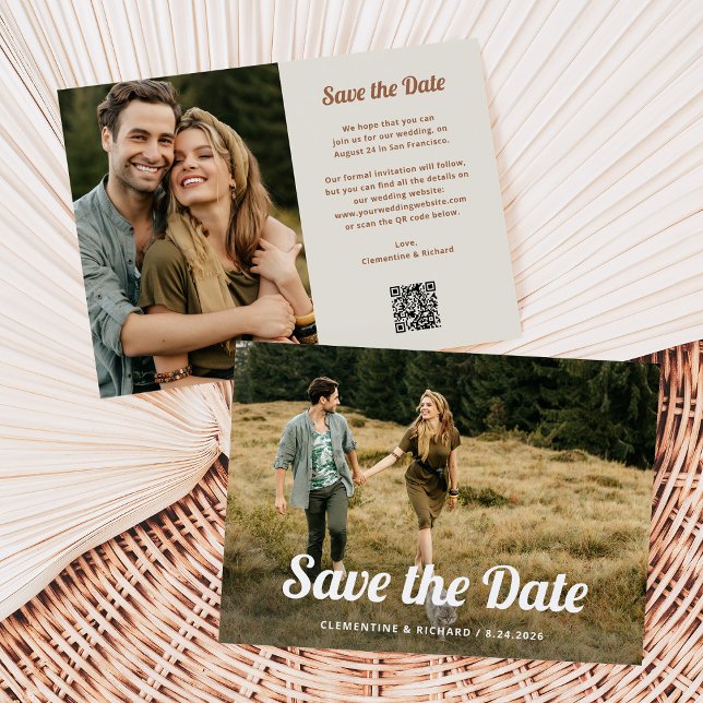 Boho Script | Two Photo and QR Code Save The Date (A trendy, retro save the date card with two photos and a scannable QR code)