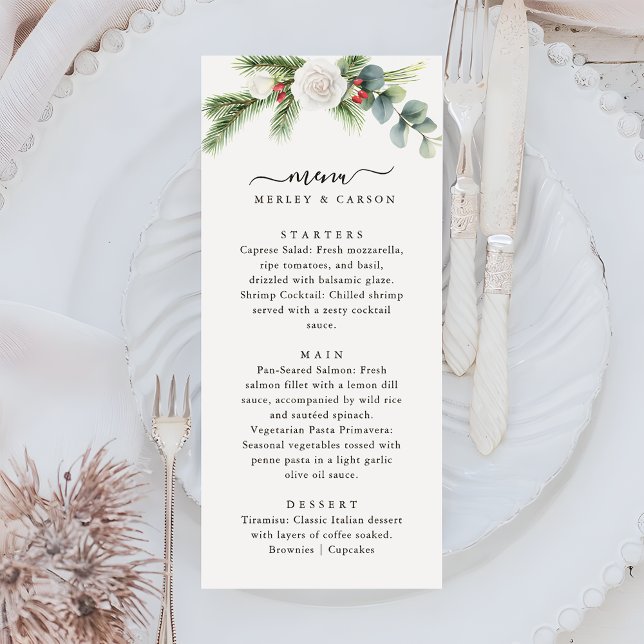 Boho Script Winter Greenery Evergreen Wedding Menu (Creator Uploaded)