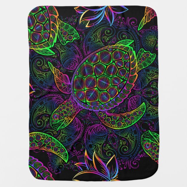 Boho Sea Turtle: Psychedelic Mandala Pattern Baby Blanket (Front)