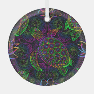 Boho Sea Turtle: Psychedelic Mandala Pattern Glass Ornament