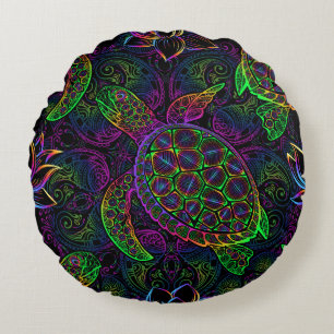 Boho Sea Turtle: Psychedelic Mandala Pattern Round Pillow