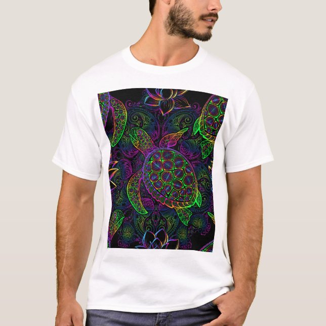 Boho Sea Turtle: Psychedelic Mandala Pattern T-Shirt (Front)