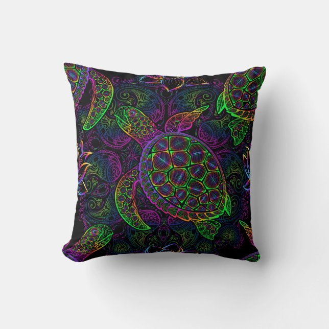 Boho Sea Turtle: Psychedelic Mandala Pattern Throw Pillow (Front)