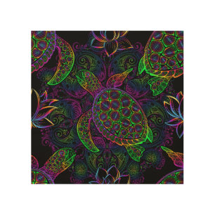 Boho Sea Turtle: Psychedelic Mandala Pattern Wood Wall Art