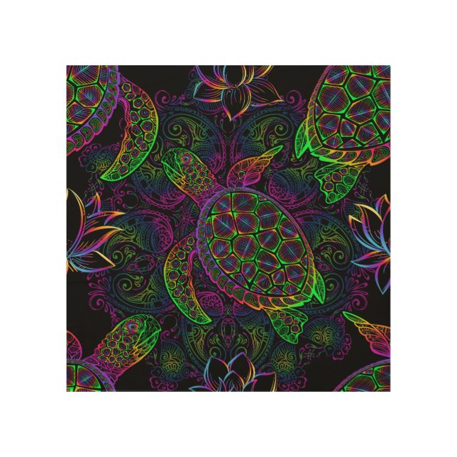 Boho Sea Turtle: Psychedelic Mandala Pattern Wood Wall Art (Front)