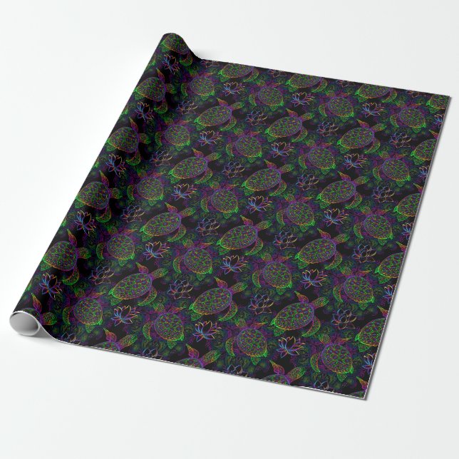 Boho Sea Turtle: Psychedelic Mandala Pattern Wrapping Paper (Unrolled)