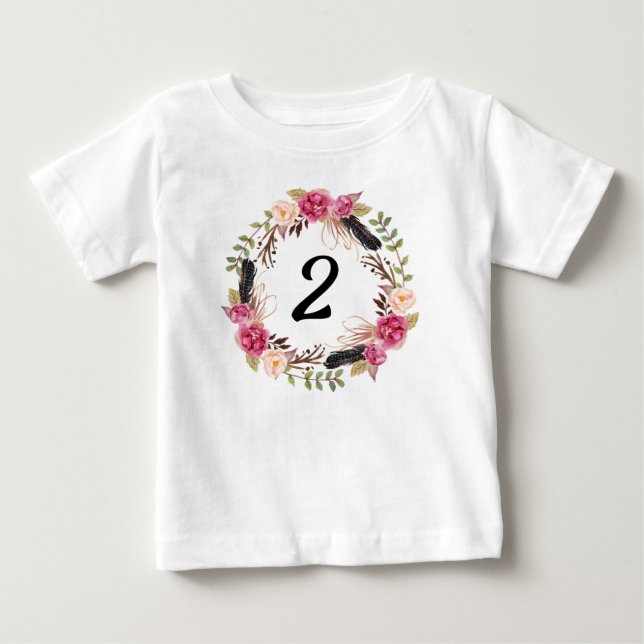 Boho Second Birthday Party 2nd Year Floral Girly Baby T-Shirt (Front)