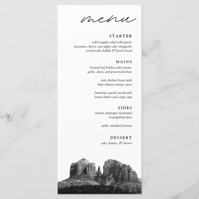 Boho Sedona Arizona Black & White Wedding Dinner Menu (Front)
