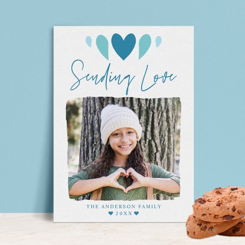 Boho Sending Love Blue Photo Valentines Day Holiday Card
