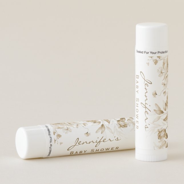 Boho Sepia Neutral Baby Shower Floral Drop Lip Balm (Front)