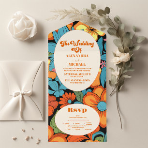Boho Seventies Retro Floral Wedding All In One Invitation