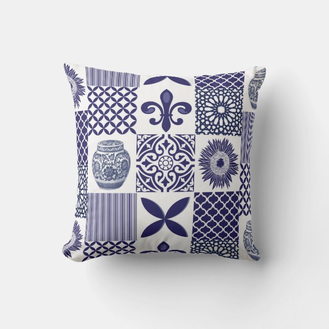 Boho Shabby Chic Sunflowers and Moroccan Tiles Throw Pillow (Front)