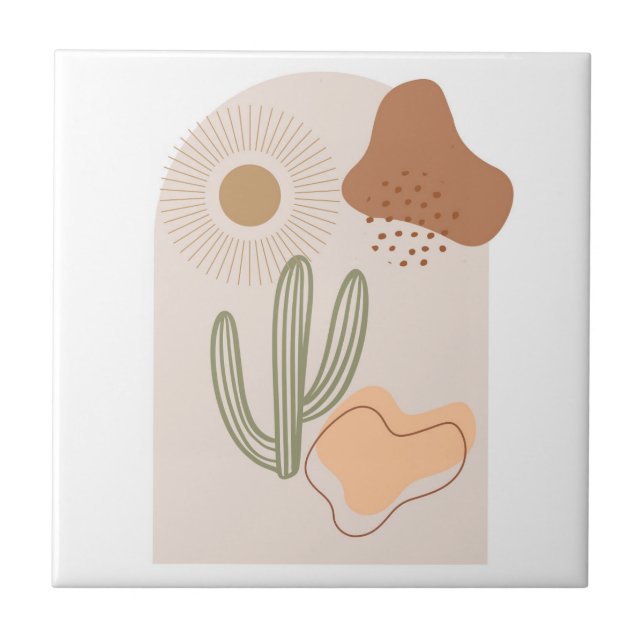 Boho Shapes Abstract Beige Terracotta Sun Cactus Ceramic Tile (Front)