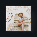 Boho Shapes with Name and Photo Arch Button<br><div class="desc">This trendy button features modern neutral colors and boho rainbow and geometric shapes. Personalized name is in a simple terracotta color typography,  and your personalize photo sits in a pretty arch frame.</div>