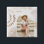 Boho Shapes with Name and Photo Arch Button<br><div class="desc">This trendy button features modern neutral colors and boho rainbow and geometric shapes. Personalized name is in a simple terracotta color typography,  and your personalize photo sits in a pretty arch frame.</div>