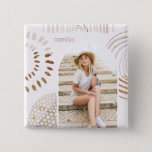 Boho Shapes with Name and Photo Arch Button<br><div class="desc">This trendy button features modern neutral colors and boho rainbow and geometric shapes. Personalized name is in a simple terracotta color typography,  and your personalize photo sits in a pretty arch frame.</div>