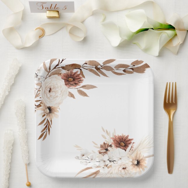 Boho Sienna and Beige Floral Paper Plates (Wedding)