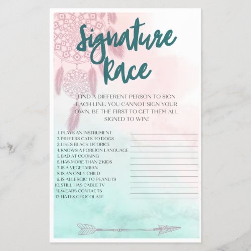 Boho Signature Race Baby Shower Game Flyer