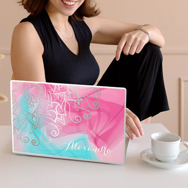 Boho Silver Filigree Henna Pink Turquoise HP Laptop Skin (Creator Uploaded)
