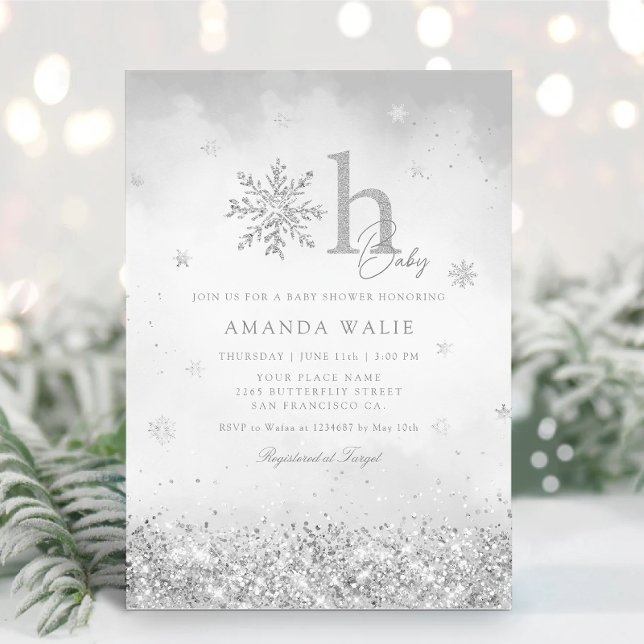 Boho Silver Glitter Snowflake Winter Baby Shower  Invitation (Creator Uploaded)