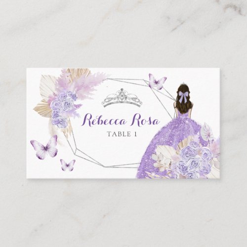 Boho Silver Lilac Floral Butterfly Quinceaera Place Card