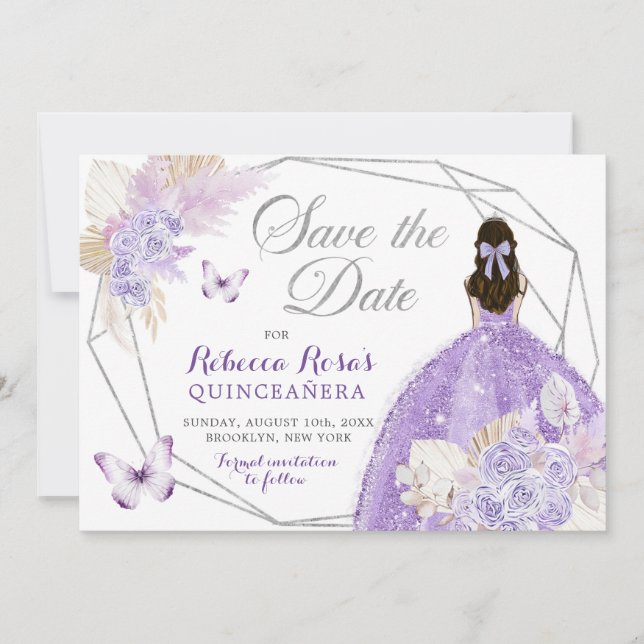 Boho Silver Lilac Floral Quinceañera Save The Date Invitation (Front)