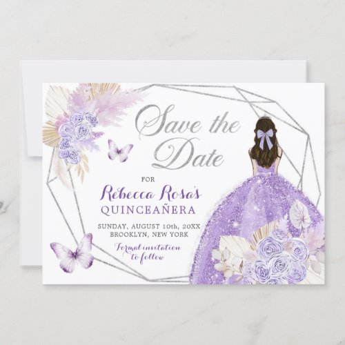 Boho Silver Lilac Floral Quinceaera Save The Date Invitation