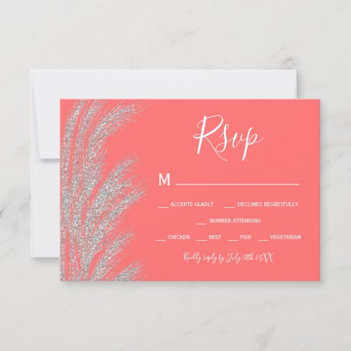Boho silver pampas grass coral and white rsvp