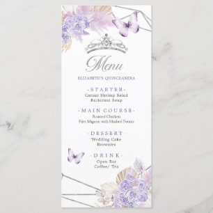 Boho Silver Purple Floral Butterfly Quinceañera Menu