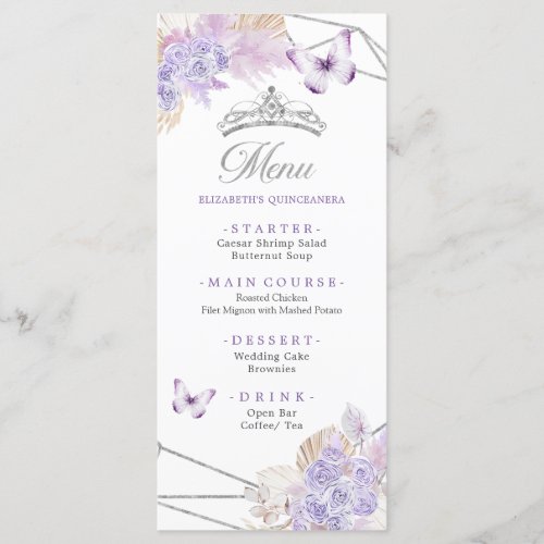 Boho Silver Purple Floral Butterfly Quinceaera Menu