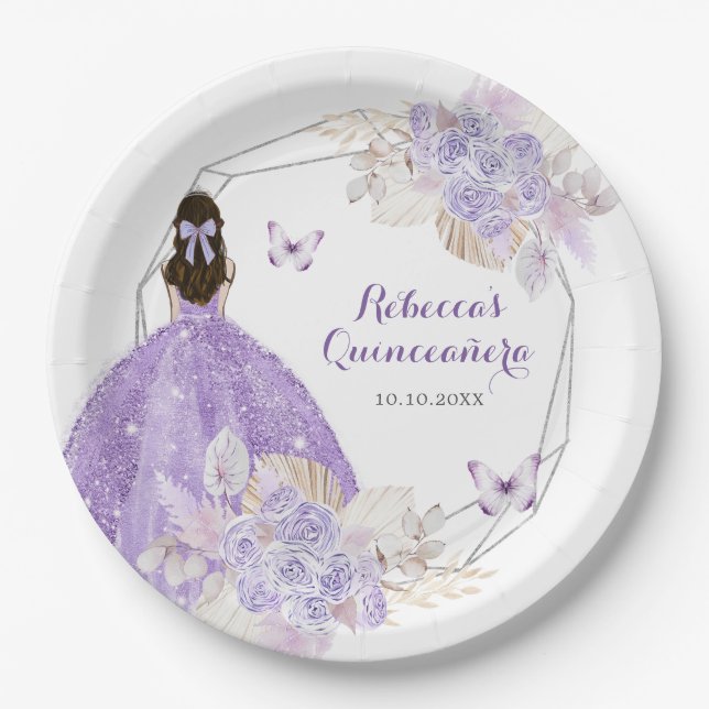 Boho Silver Purple Floral Butterfly Quinceañera Paper Plates (Front)