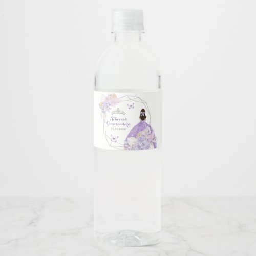 Boho Silver Purple Floral Butterfly Quinceaera Water Bottle Label