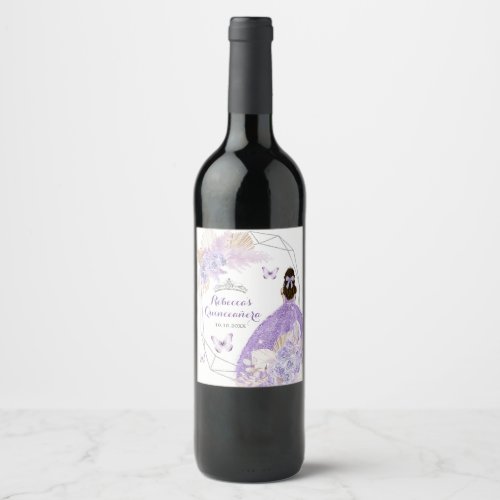Boho Silver Purple Floral Butterfly Quinceaera Wine Label