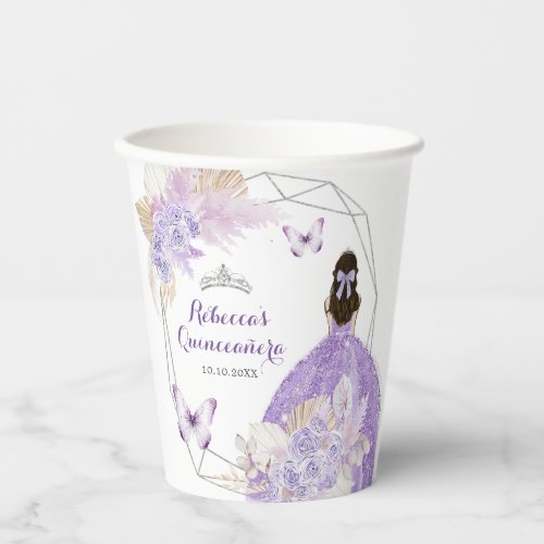 Boho Silver Purple Flowers Butterfly Quinceaera Paper Cups