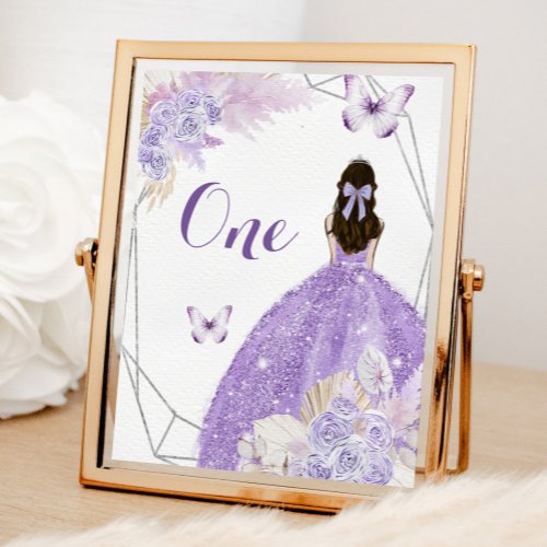 Boho Silver Purple Flowers Quinceaera Table Number